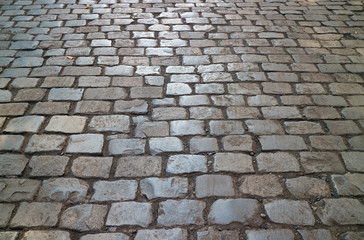 Historic cobblestone pavement in the Cerro Santa Lucia Hill public park, Santiago, Chile 