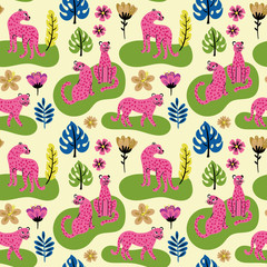 Seamless pattern for summer with tropical leopard and floral.