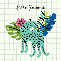 Tropical summer cute leopard with flowers and leaves.