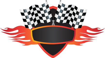 motorsports flame and flag logo shield