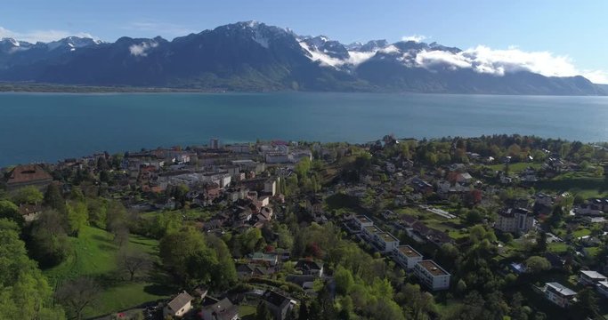Fly over Clarens, lake and Alps - Aerial 4K