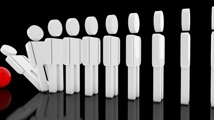 3D illustration of many falling human figures. Domino effect. The idea of influence, dependence in collective work. 3D rendering on a black background with reflection on the surface.