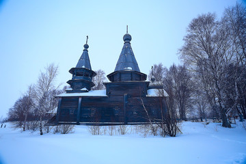 landscape in russian kizhi church winter view / winter season snowfall in landscape with church architecture