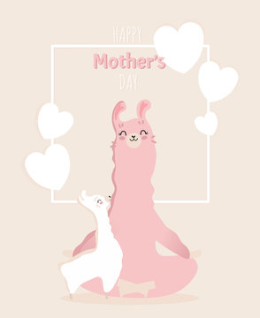 Happy mother's day picture with Llama family. Best mom, mum ever cute feminine design for flyer, card, invitation, typography. Vector illustration.