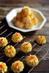 A malay traditional cookies called Kuih Semperit Dahlia served during Eid Fitri. selective focus