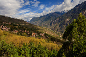 Danba County, Sichuan Province China. Zhonglu Township, Architectural Style of Jiuaju Ancient Tibetan Village. Traditional Tibetan buildings, Suopo towers, beautiful Chinese countryside. Wild West