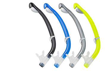 four colored breathing tubes for diving, lined up on a white background