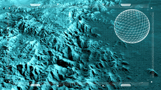 Satellite View Of Land, War Operations, Sci-fi, Night Vision With Blue Hues. Military Target. Drone Flying Over An Area. Military Operation. Mountain Reliefs And Plains. Hud, Head-up Display