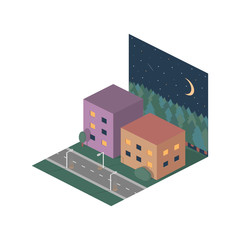 Night street isometric scene vector illustration