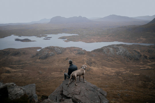 Man and a dog in the top of a mountain