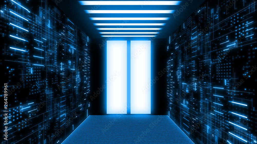 Poster 3d rendering of data center room with abstract data servers and glowing led indicators and ceiling l