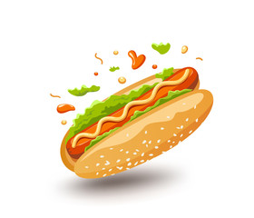 Vector Hot dog, poster design isolated on white background, illustration