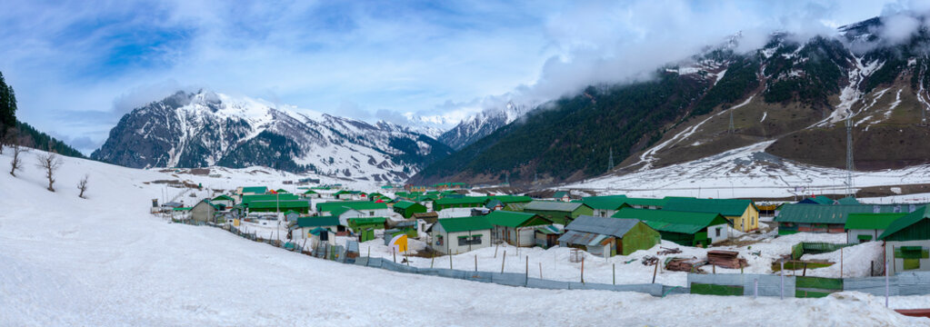 Beautiful Panorama Mountains of Sonamarg, Jammu and Kashmir state, India.  historical significance and was a gateway on ancient Silk Road along with Gilgit connecting Kashmir with Tibet