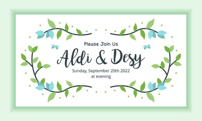 Wedding marriage invitation template horizontal landscape layout with floral frame