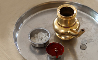 Close-up view of Hindu  utensils of worshiping