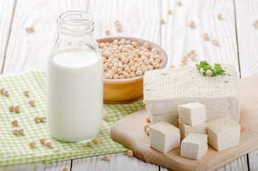 Non-dairy alternatives Soy milk or yogurt in glass bottle and tofu on white wooden table with soybeans in bowl aside