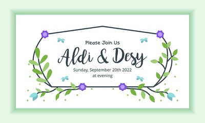 Wedding marriage invitation template horizontal landscape layout with floral frame