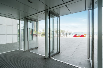 Glass door of office entrance hall