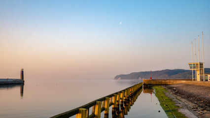 View of port area in Gdynia at Baltic Sea in Poland. Morning time.