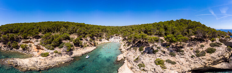 Aerial view, secluded cove Cala Falco or Cap de Falco and Cala Bella Donna with rugged cliffs, Sol de Mallorca, Cala Vinyes and Calvia, Mallorca, Balearic Islands, Spain