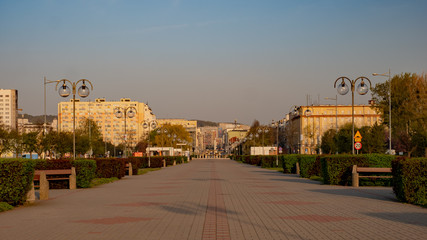 Kosciuszko promenade in the square in Gdynia. Early morning. Spring time.
