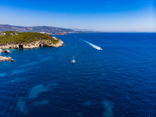 Aerial view, secluded cove Cala Falco or Cap de Falco and Cala Bella Donna with rugged cliffs, Sol de Mallorca, Cala Vinyes and Calvia, Mallorca, Balearic Islands, Spain