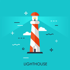 Flat Style, Thin Line Art Design of lighthouse. Illustration for application, web site development, information, mobile technologies vector icons or elements. Easy to edite, resize and customize.