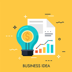 Light bulb, dollar sign and document with charts, graphs. Business idea, modern thinking, statistical data processing concept. Vector illustration in flat style for website, banner, presentation.