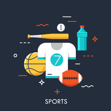 Sports equipment for player, sporting goods and sportswear shop logo. Championship, tournament, competition concept. Vector illustration in flat style for website, banner, poster, presentation.