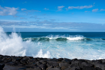 Big waves in move on the Atlantic Ocean in the coast of Sao Miguel island in the Azores, Portugal