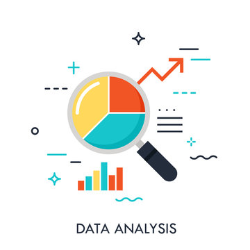 Flat Design Of Data Analysis Magnifier With Pie Chart And Arrow. Premium Quality Symbol. Modern Style Logo Vector Illustration Concept.