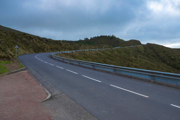 Empty road, with scenic landscape view to Ribeira Grande Coast in Sao Miguel island, Azores, Portugalao Miguel island, Azores, Portugal