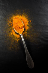 Top view of a spoon with turmeric powder isolated on black