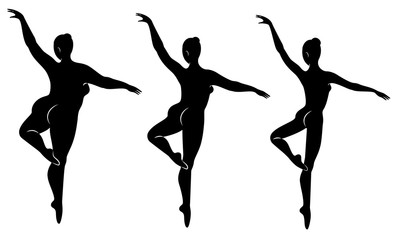 Fototapeta premium Collection. Silhouette of a cute lady, she is dancing ballet. A woman is overweight. The girl is plump, slim, thin. Woman ballerina, gymnast. Vector illustration set