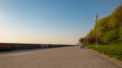 The seaside boulevard in Gdynia in the morning. Amazing concrete promenade near the beach at spring.