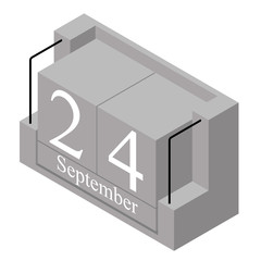 September 24th date on a single day calendar. Gray wood block calendar present date 24 and month September isolated on white background. Holiday. Season. Vector isometric illustration