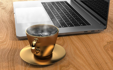 Cup of coffee in front of a laptop.