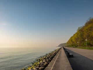 The seaside boulevard in Gdynia in the morning. Amazing concrete promenade near the beach at spring.