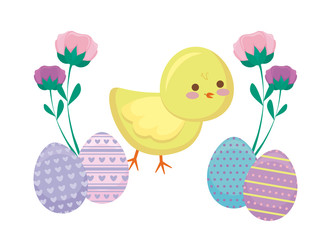 cute chicken with eggs of easter and flowers