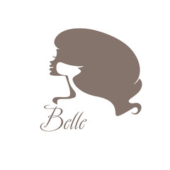 Belle. Vector young beauty silhouette face profile with lush hairstyle. Flat design vector logo salon hairstyles.