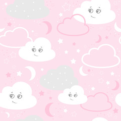 Children seamless pattern with cute clouds, stars on a pink background. vector illustration baby seamless pattern