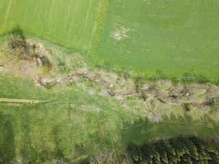Aerial view of idyllic river meandering through green meadow