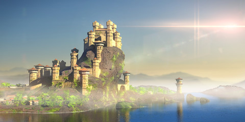 castle on a hill overlooking the ocean, stronghold with medieval village (3d fantasy illustration)