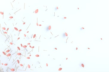 White background decor with blow pink leaves, branch. 3d render. For valentine day and love day.