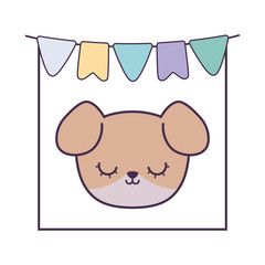 head of cute dog in frame with garlands hanging