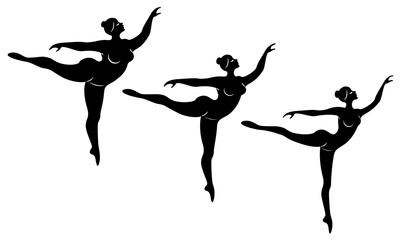 Naklejka na ściany i meble Collection. Silhouette of a cute lady, she is dancing ballet. A woman is overweight. The girl is plump, slim, thin. Woman ballerina, gymnast. Vector illustration set