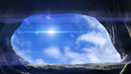 cave entrance, mysterious den opening with blue sky
