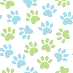 Fototapeta na wymiar Paw blue and green print seamless. Vector illustration animal paw track pattern. backdrop with silhouettes of cat or dog footprint.