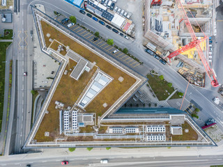 Aerial view of building in residential area in european city