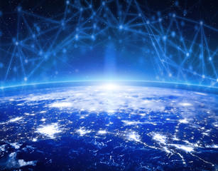 Global communication technology and telecommunication financial network around planet Earth. Blockchain and cryptocurrency concept with copyspace. IOT. Elements of this photo furnished by NASA.